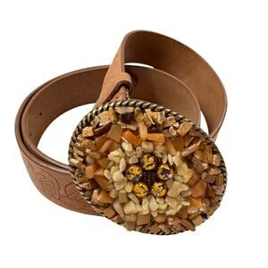 Express Women's Belt Tan Leather Floral Stone Large Western Cowboy Buckle Size M